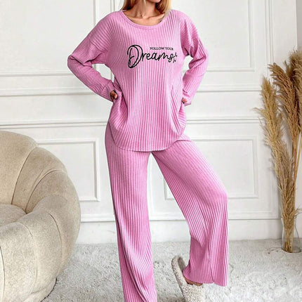 RueChic Women's Letter Printed Drop Shoulder Long Sleeve Top And Pants Pajama Set