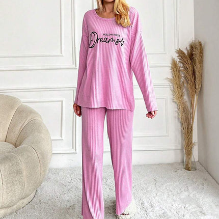 RueChic Women's Letter Printed Drop Shoulder Long Sleeve Top And Pants Pajama Set