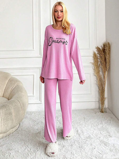 RueChic Women's Letter Printed Drop Shoulder Long Sleeve Top And Pants Pajama Set