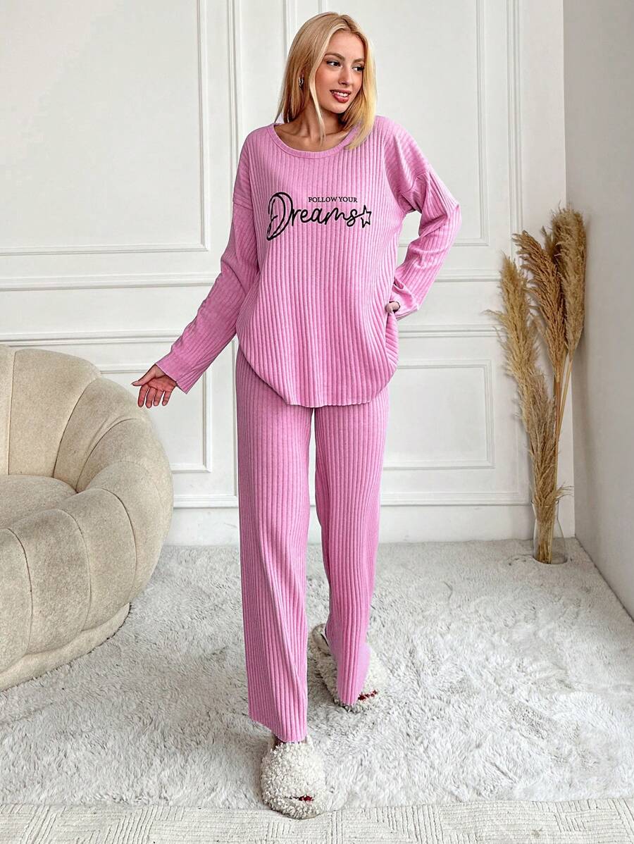 RueChic Women's Letter Printed Drop Shoulder Long Sleeve Top And Pants Pajama Set