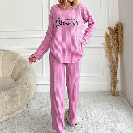 RueChic Women's Letter Printed Drop Shoulder Long Sleeve Top And Pants Pajama Set