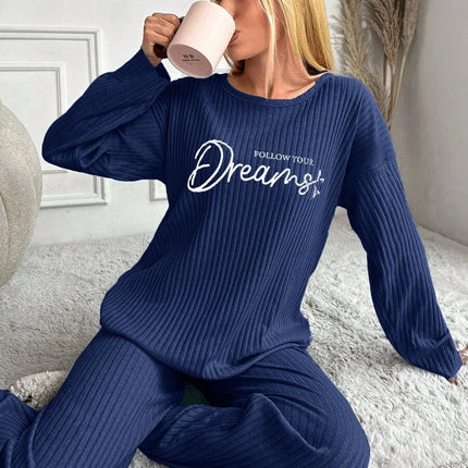 RueChic Women's Letter Printed Drop Shoulder Long Sleeve Top And Pants Pajama Set