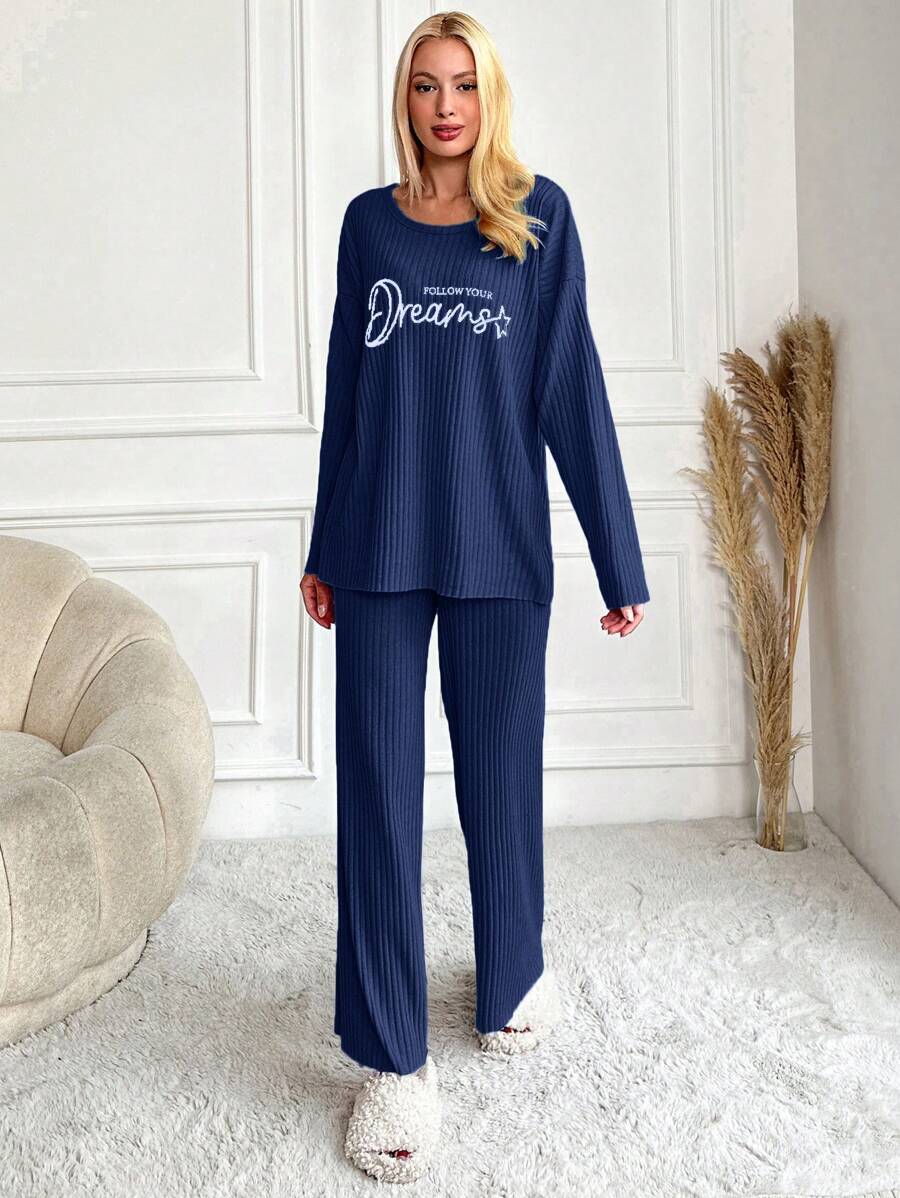 RueChic Women's Letter Printed Drop Shoulder Long Sleeve Top And Pants Pajama Set