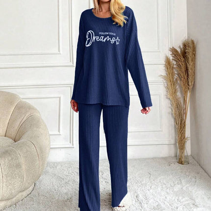 RueChic Women's Letter Printed Drop Shoulder Long Sleeve Top And Pants Pajama Set