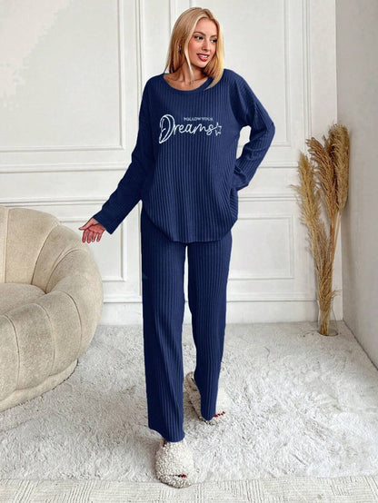 RueChic Women's Letter Printed Drop Shoulder Long Sleeve Top And Pants Pajama Set