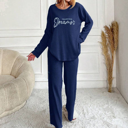 RueChic Women's Letter Printed Drop Shoulder Long Sleeve Top And Pants Pajama Set