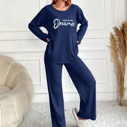 RueChic Women's Letter Printed Drop Shoulder Long Sleeve Top And Pants Pajama Set