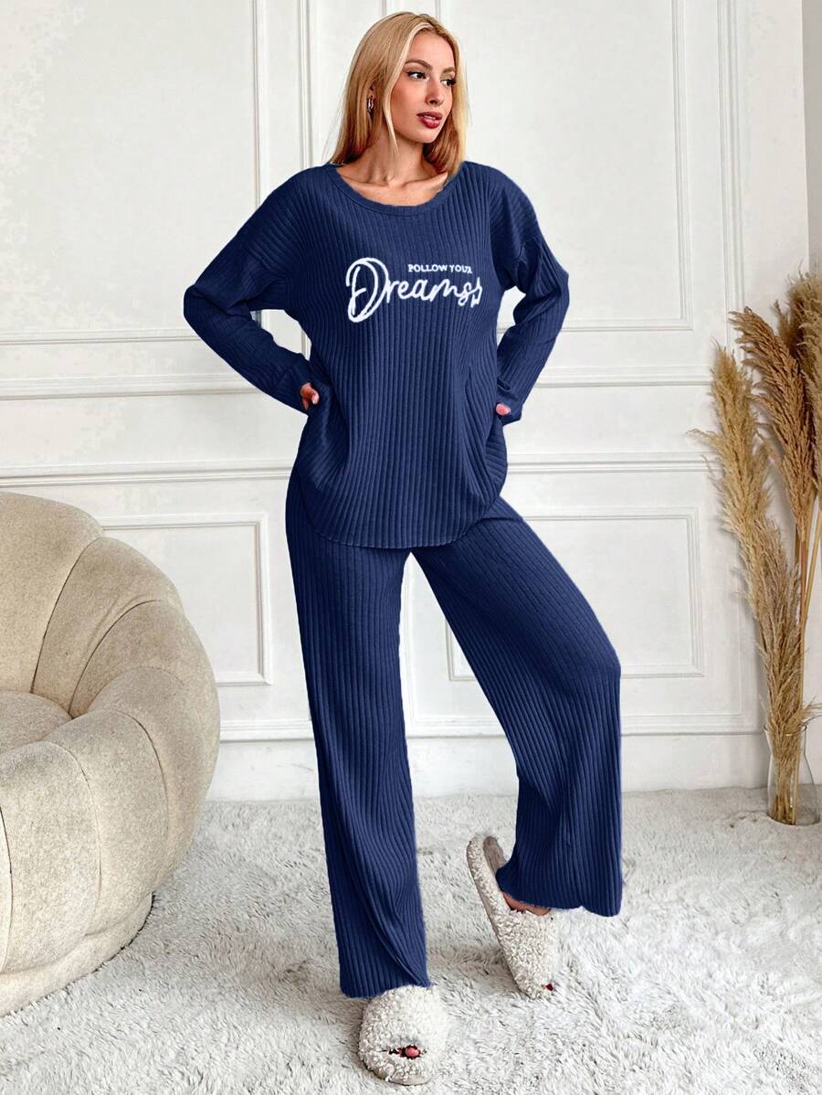 RueChic Women's Letter Printed Drop Shoulder Long Sleeve Top And Pants Pajama Set
