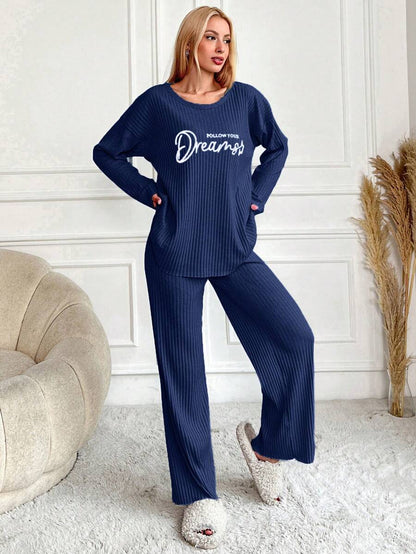 RueChic Women's Letter Printed Drop Shoulder Long Sleeve Top And Pants Pajama Set