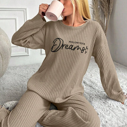 RueChic Women's Letter Printed Drop Shoulder Long Sleeve Top And Pants Pajama Set