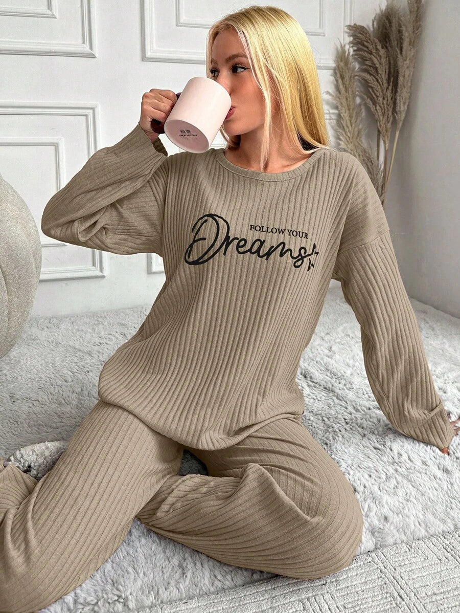 RueChic Women's Letter Printed Drop Shoulder Long Sleeve Top And Pants Pajama Set