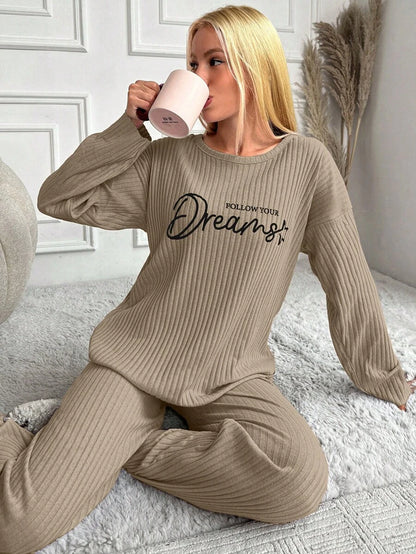 RueChic Women's Letter Printed Drop Shoulder Long Sleeve Top And Pants Pajama Set