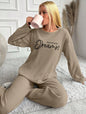 RueChic Women's Letter Printed Drop Shoulder Long Sleeve Top And Pants Pajama Set