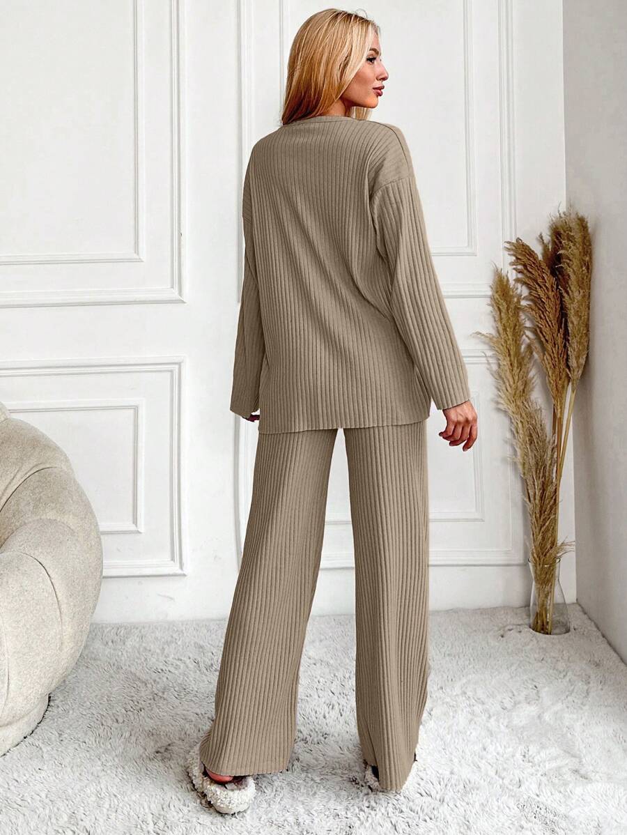 RueChic Women's Letter Printed Drop Shoulder Long Sleeve Top And Pants Pajama Set