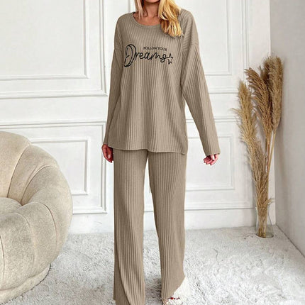 RueChic Women's Letter Printed Drop Shoulder Long Sleeve Top And Pants Pajama Set