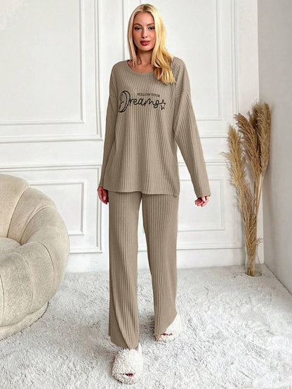 RueChic Women's Letter Printed Drop Shoulder Long Sleeve Top And Pants Pajama Set