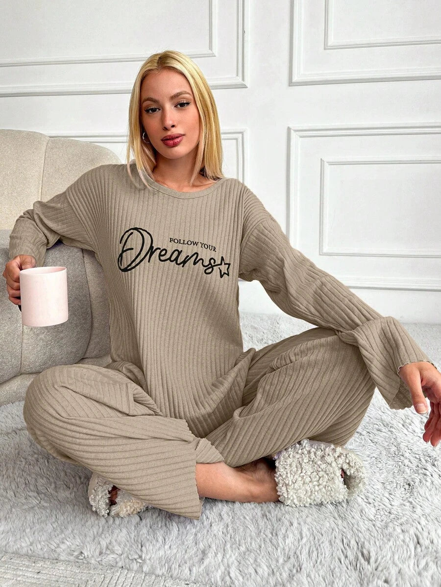 RueChic Women's Letter Printed Drop Shoulder Long Sleeve Top And Pants Pajama Set