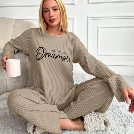RueChic Women's Letter Printed Drop Shoulder Long Sleeve Top And Pants Pajama Set