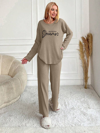 RueChic Women's Letter Printed Drop Shoulder Long Sleeve Top And Pants Pajama Set