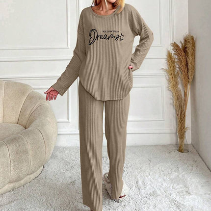 RueChic Women's Letter Printed Drop Shoulder Long Sleeve Top And Pants Pajama Set