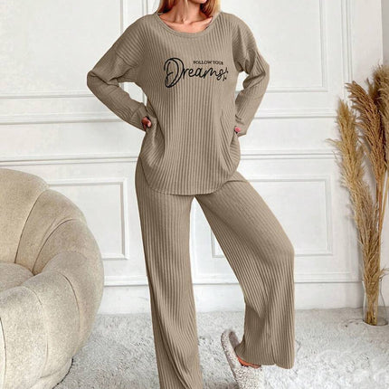 RueChic Women's Letter Printed Drop Shoulder Long Sleeve Top And Pants Pajama Set
