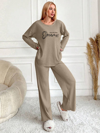 RueChic Women's Letter Printed Drop Shoulder Long Sleeve Top And Pants Pajama Set