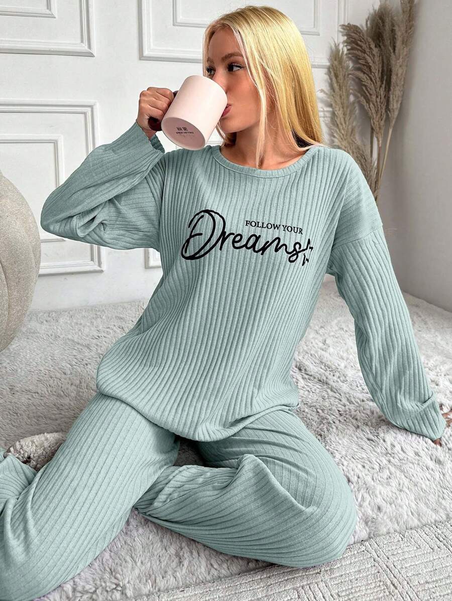 RueChic Women's Letter Printed Drop Shoulder Long Sleeve Top And Pants Pajama Set