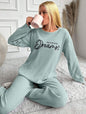 RueChic Women's Letter Printed Drop Shoulder Long Sleeve Top And Pants Pajama Set