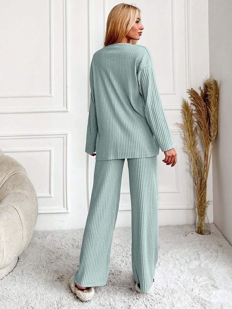 RueChic Women's Letter Printed Drop Shoulder Long Sleeve Top And Pants Pajama Set