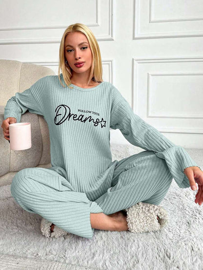 RueChic Women's Letter Printed Drop Shoulder Long Sleeve Top And Pants Pajama Set