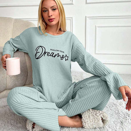 RueChic Women's Letter Printed Drop Shoulder Long Sleeve Top And Pants Pajama Set
