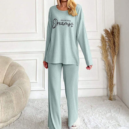 RueChic Women's Letter Printed Drop Shoulder Long Sleeve Top And Pants Pajama Set