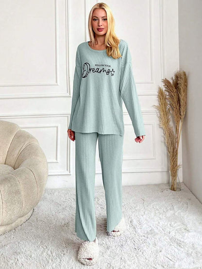 RueChic Women's Letter Printed Drop Shoulder Long Sleeve Top And Pants Pajama Set