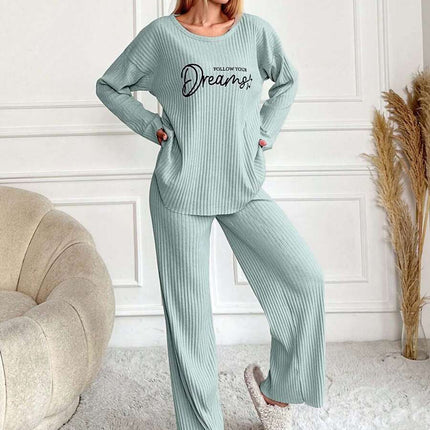 RueChic Women's Letter Printed Drop Shoulder Long Sleeve Top And Pants Pajama Set