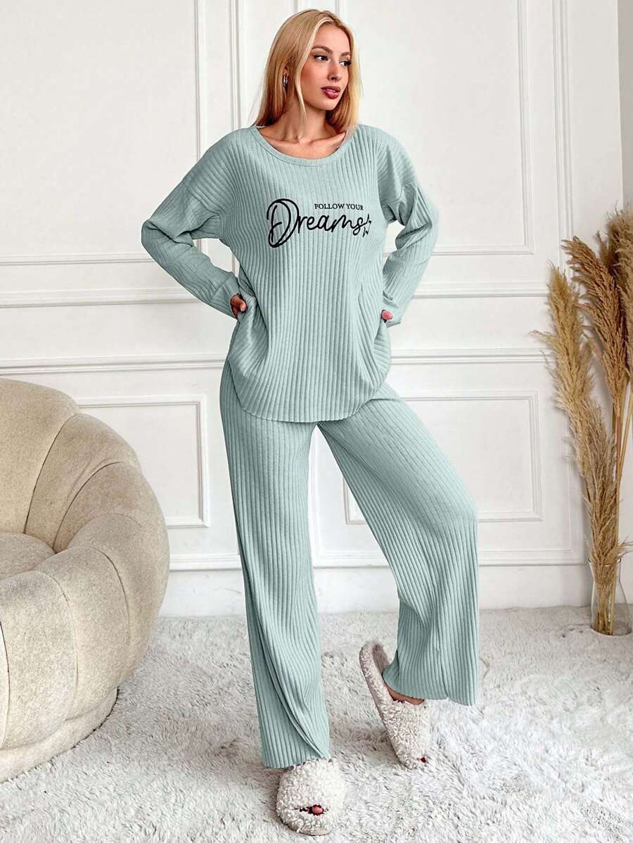 RueChic Women's Letter Printed Drop Shoulder Long Sleeve Top And Pants Pajama Set