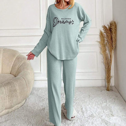 RueChic Women's Letter Printed Drop Shoulder Long Sleeve Top And Pants Pajama Set