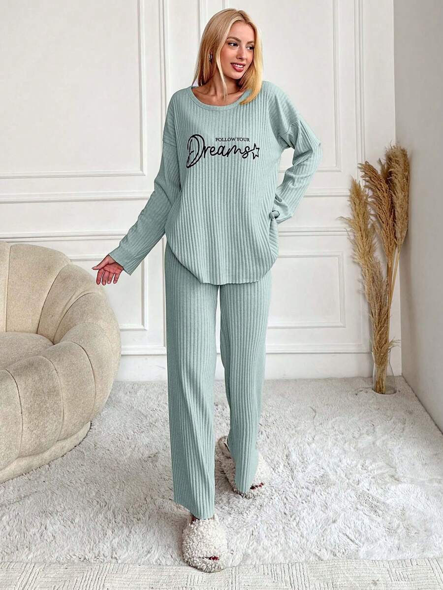 RueChic Women's Letter Printed Drop Shoulder Long Sleeve Top And Pants Pajama Set