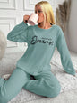 RueChic Women's Letter Printed Drop Shoulder Long Sleeve Top And Pants Pajama Set