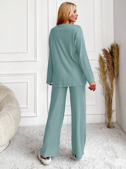 RueChic Women's Letter Printed Drop Shoulder Long Sleeve Top And Pants Pajama Set