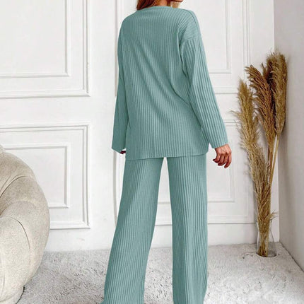 RueChic Women's Letter Printed Drop Shoulder Long Sleeve Top And Pants Pajama Set