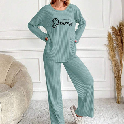RueChic Women's Letter Printed Drop Shoulder Long Sleeve Top And Pants Pajama Set
