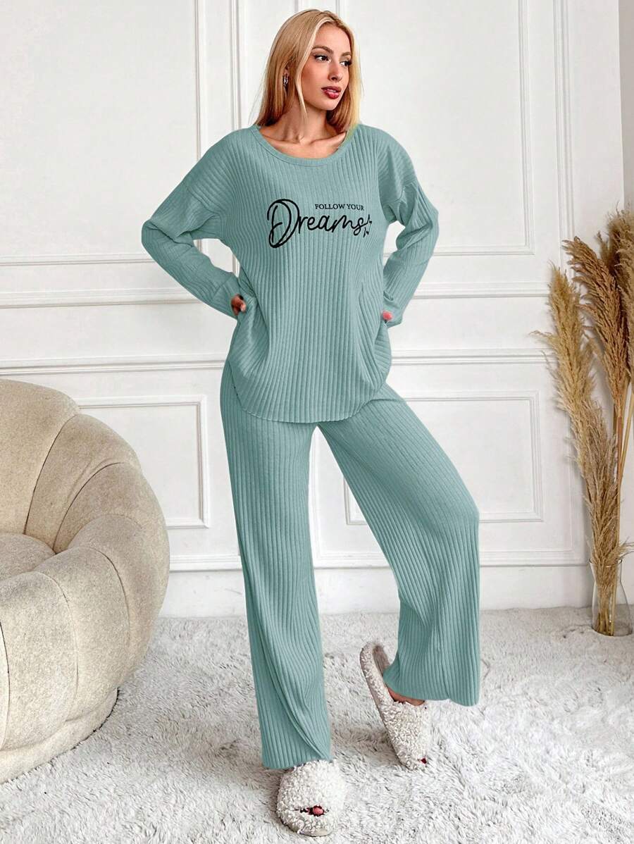 RueChic Women's Letter Printed Drop Shoulder Long Sleeve Top And Pants Pajama Set