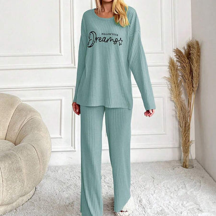RueChic Women's Letter Printed Drop Shoulder Long Sleeve Top And Pants Pajama Set