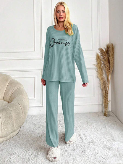 RueChic Women's Letter Printed Drop Shoulder Long Sleeve Top And Pants Pajama Set