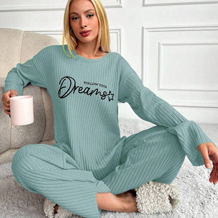 RueChic Women's Letter Printed Drop Shoulder Long Sleeve Top And Pants Pajama Set