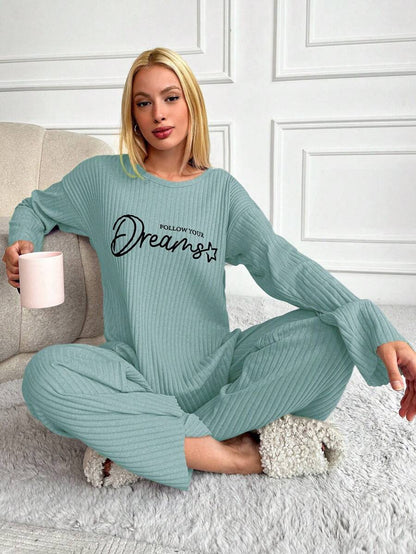 RueChic Women's Letter Printed Drop Shoulder Long Sleeve Top And Pants Pajama Set