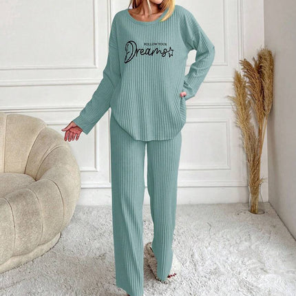 RueChic Women's Letter Printed Drop Shoulder Long Sleeve Top And Pants Pajama Set