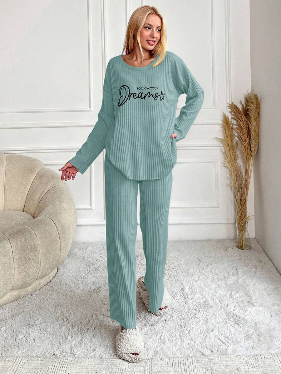 RueChic Women's Letter Printed Drop Shoulder Long Sleeve Top And Pants Pajama Set