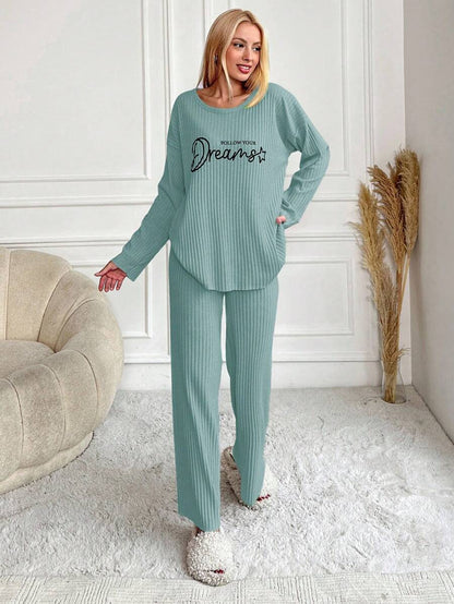 RueChic Women's Letter Printed Drop Shoulder Long Sleeve Top And Pants Pajama Set