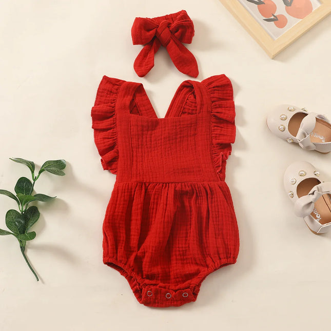 Zomer Pasgeboren Baby Baby Meisjes Romper + Hoofdband Mousseline Mouwloze Rompertjes Kinderen Een Stuk Mode Baby Kleding